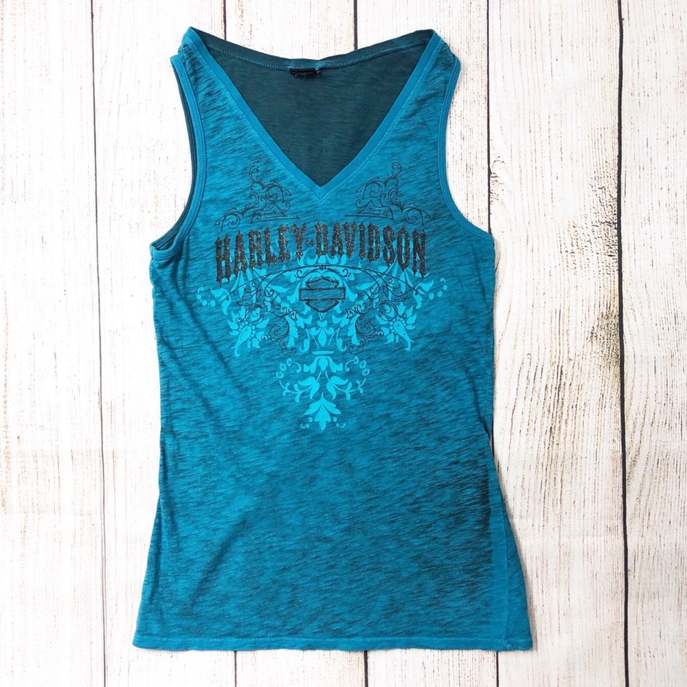 Harley Davidson motorcycle teal tank top